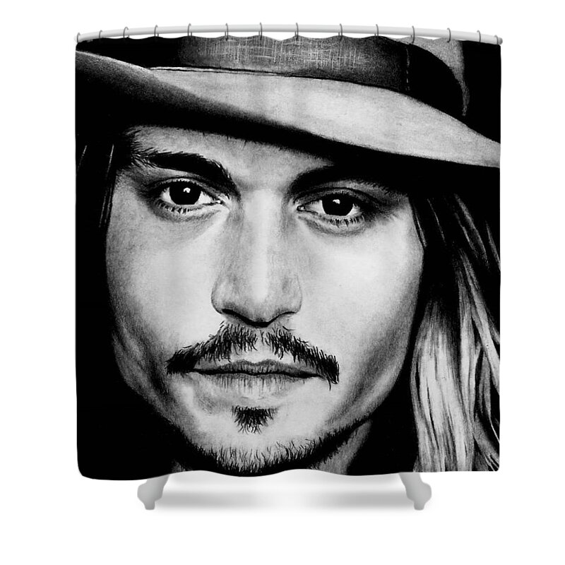 Johnny Depp Shower Curtain featuring the drawing Johnny Depp by Rick Fortson