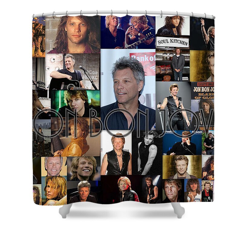 Jon Bon Jovi Shower Curtain featuring the mixed media Jon Bon Jovi Collage by April Cook