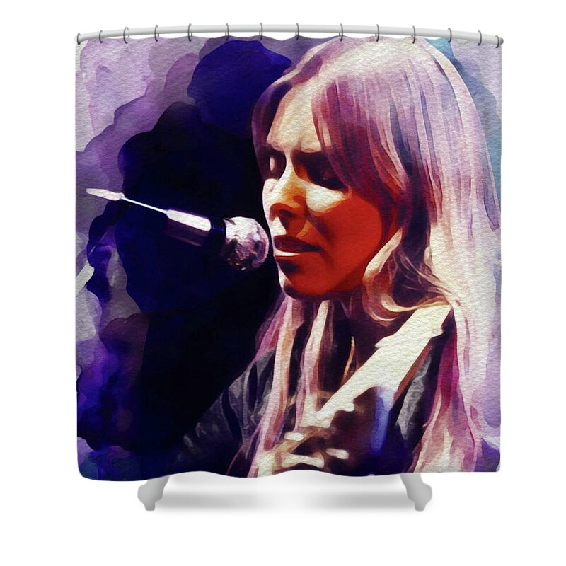 Joni Shower Curtain featuring the painting Joni Mitchell, Music Legend by Esoterica Art Agency