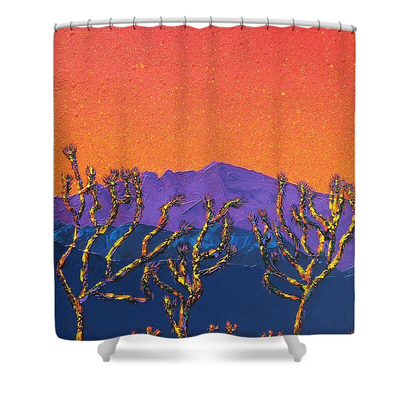 Desert Landscape Paintings Shower Curtain featuring the painting Joshua Trees by Mayhem Mediums