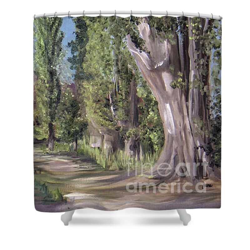 Landscape Shower Curtain featuring the painting Josie's Cabin by Nila Jane Autry