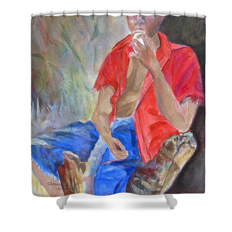 Islnd Boy Shower Curtain featuring the painting Journey Cake by Donna Steward