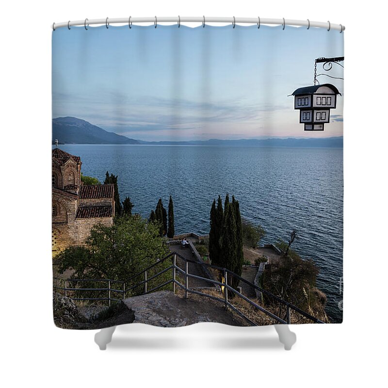 Balkans Shower Curtain featuring the photograph Jovan Kaneo church in Ohrid, Macedonia by Didier Marti