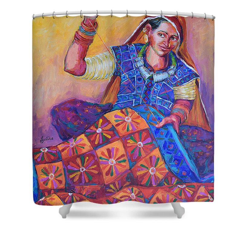 Tribal Woman Shower Curtain featuring the painting Joy of Quilting by Jyotika Shroff