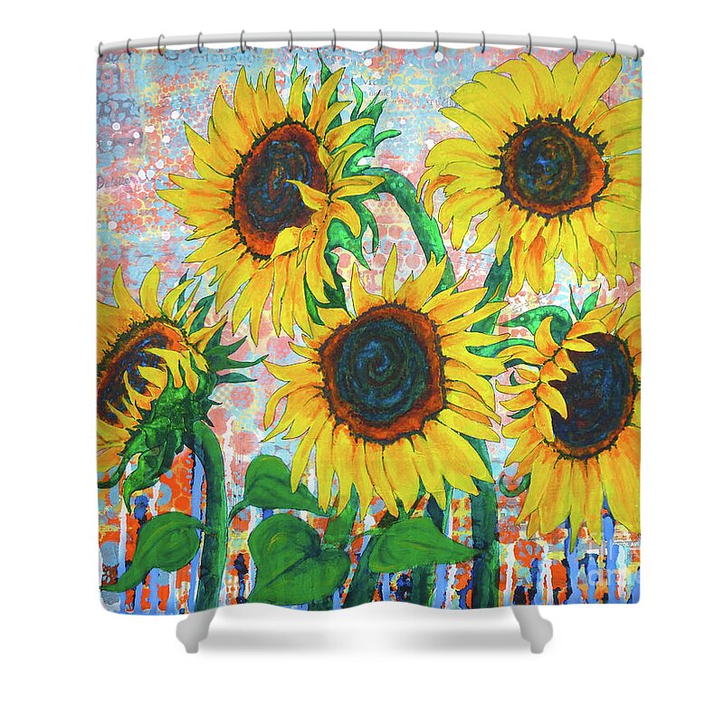 Sunflower Shower Curtain featuring the painting Joy of Sunflowers Desiring by Lisa Crisman