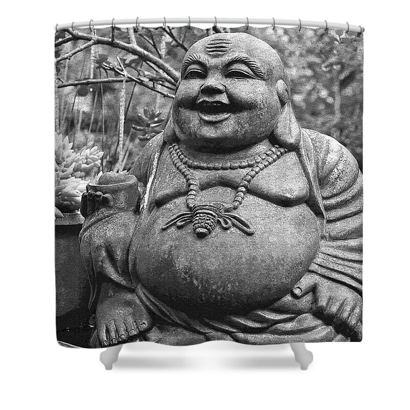 Happy Shower Curtain featuring the photograph Joyful Lord Buddha by Karon Melillo DeVega