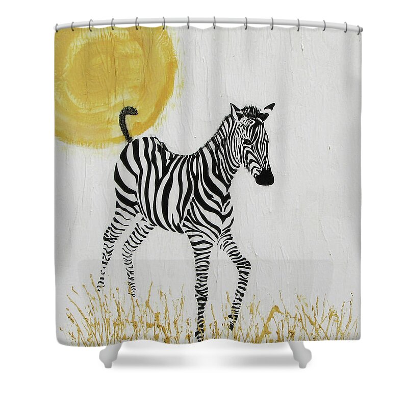 Zebra Shower Curtain featuring the painting Joyful by Stephanie Grant