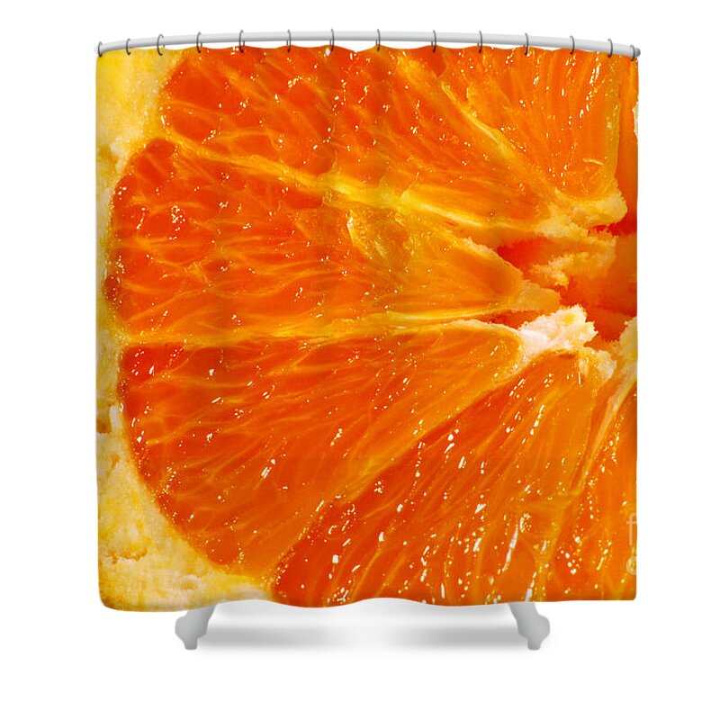 Macro Shower Curtain featuring the photograph Juicy Orange by Nancy Mueller