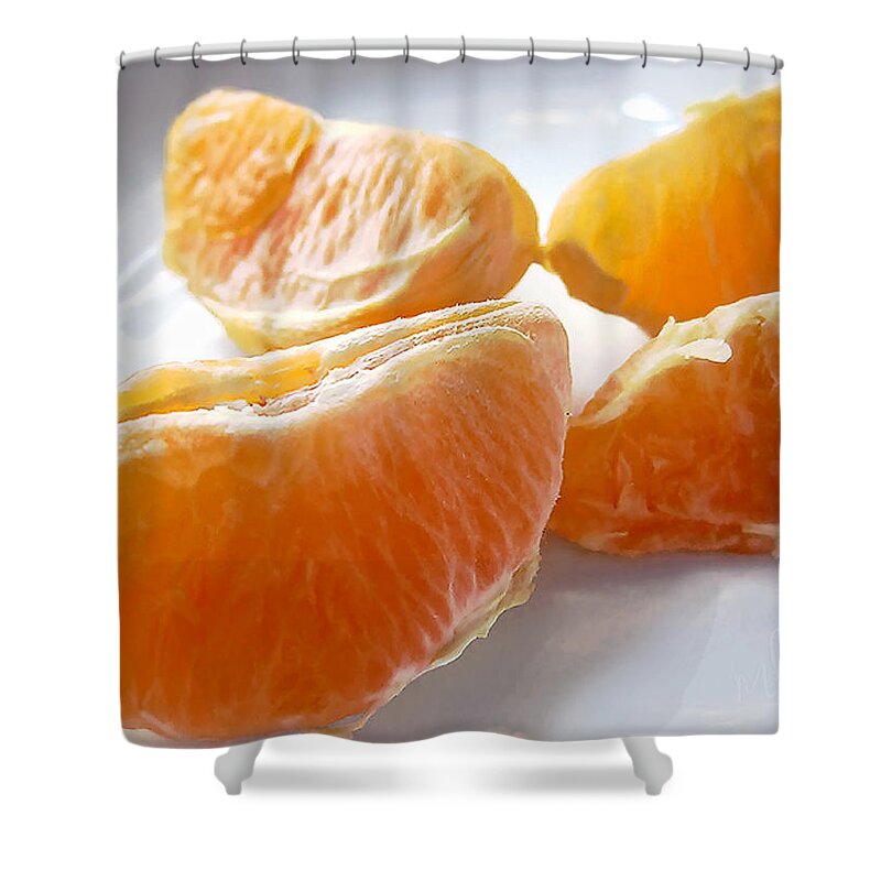 Orange Shower Curtain featuring the photograph Juicy Orange Slices on a Blue Glass Plate by Louise Kumpf