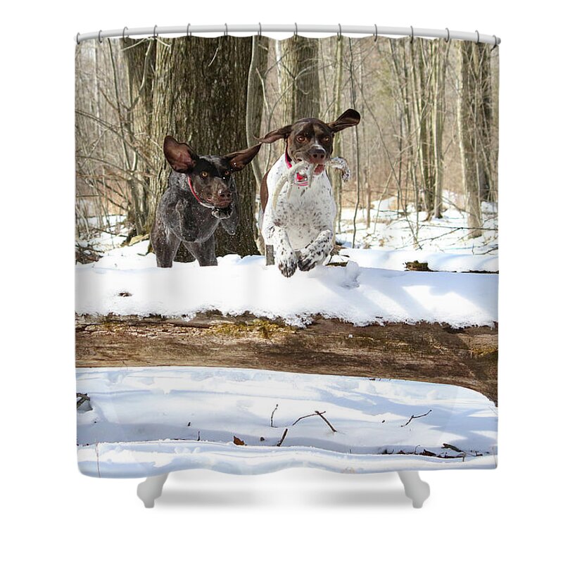 Dog Shower Curtain featuring the photograph Jump Together by Brook Burling