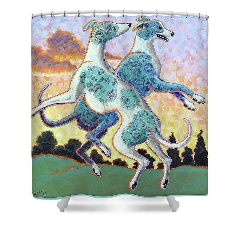 Greyhounds Shower Curtain featuring the painting JUmping for Joy by Ande Hall