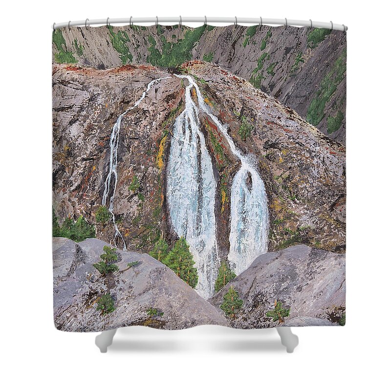 Waterfall Shower Curtain featuring the painting June Lake Loop Falls by L J Oakes