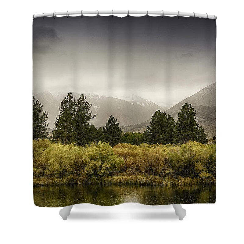 june Lakes Shower Curtain featuring the photograph June Lakes Loop in the Autumn Rain by Janis Knight