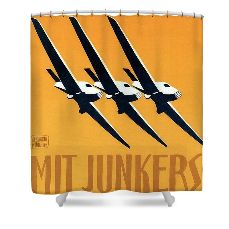 Luftverkehr Shower Curtain featuring the painting Junkers-Flugzeug and Luftverkehr Aircrafts - Vintage Advertising Poster - Minimalist by Studio Grafiikka