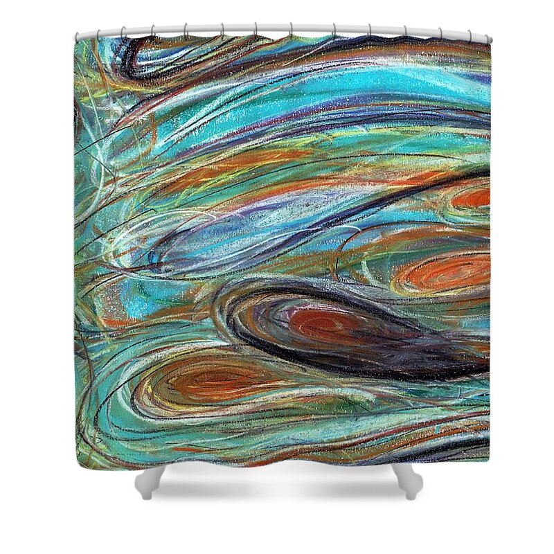 Color Shower Curtain featuring the pastel Jupiter Explored - An Abstract Interpretation of the Giant Planet by Angela Rath