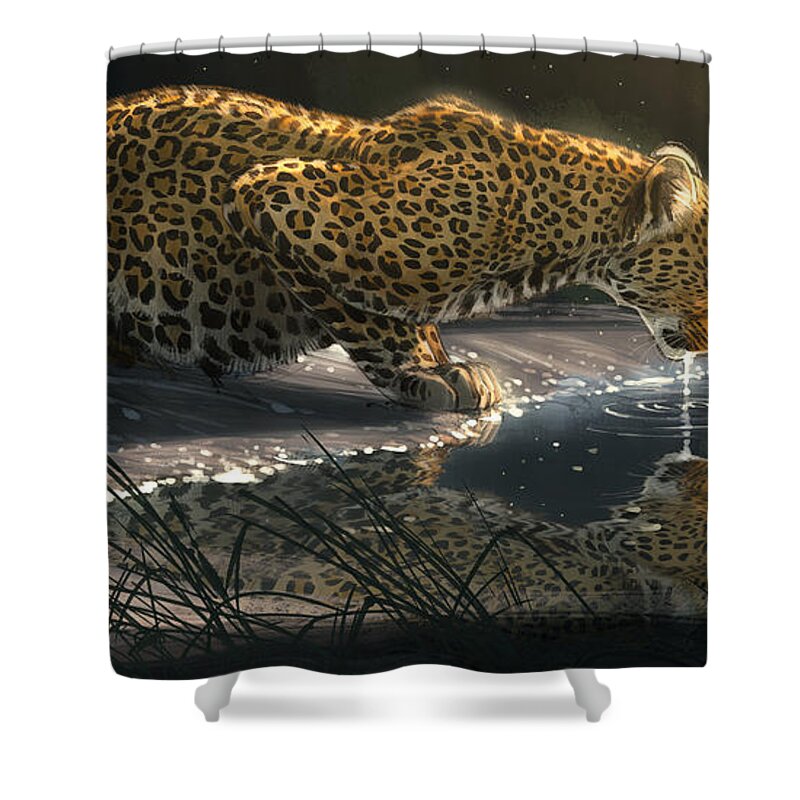 Leopard Shower Curtain featuring the digital art Just A Sip by Aaron Blaise