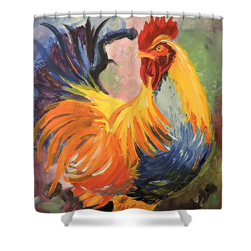 Bright Shower Curtain featuring the painting Just Don't Call Me Chicken by Tom Riggs