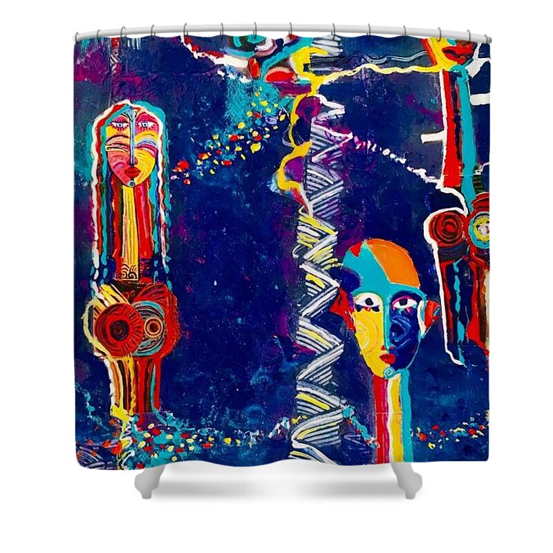 Masks Shower Curtain featuring the painting Just Masks by Myra Evans