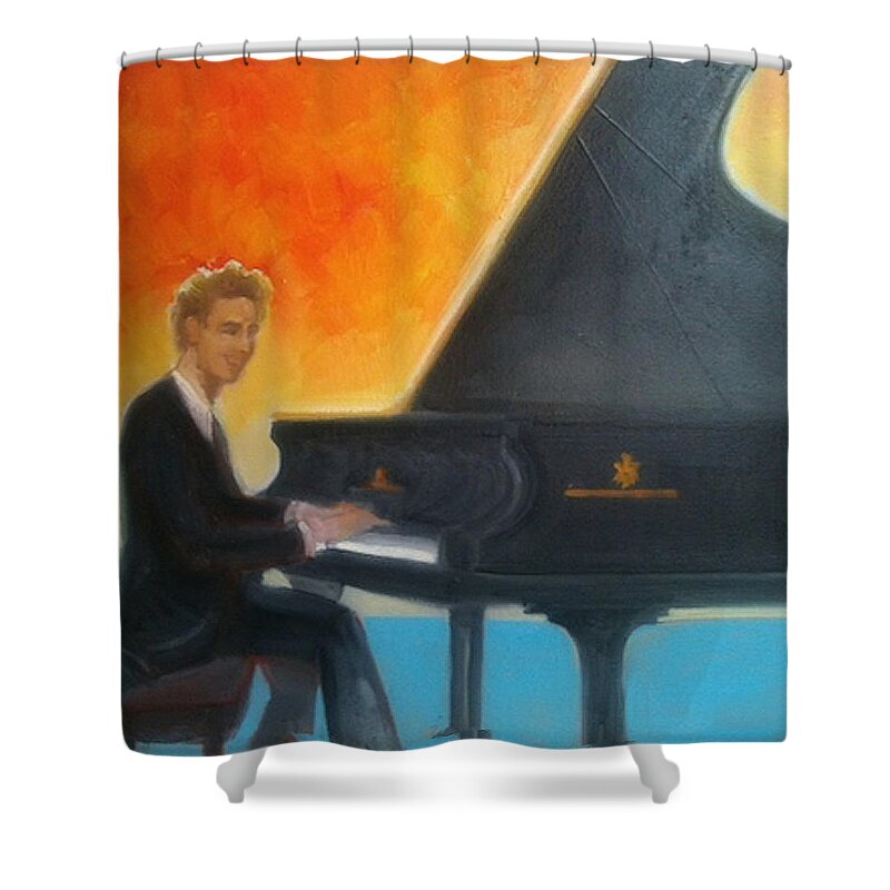 Primary Colors Shower Curtain featuring the painting Justin Levitt at piano Red Blue Yellow by Suzanne Giuriati Cerny