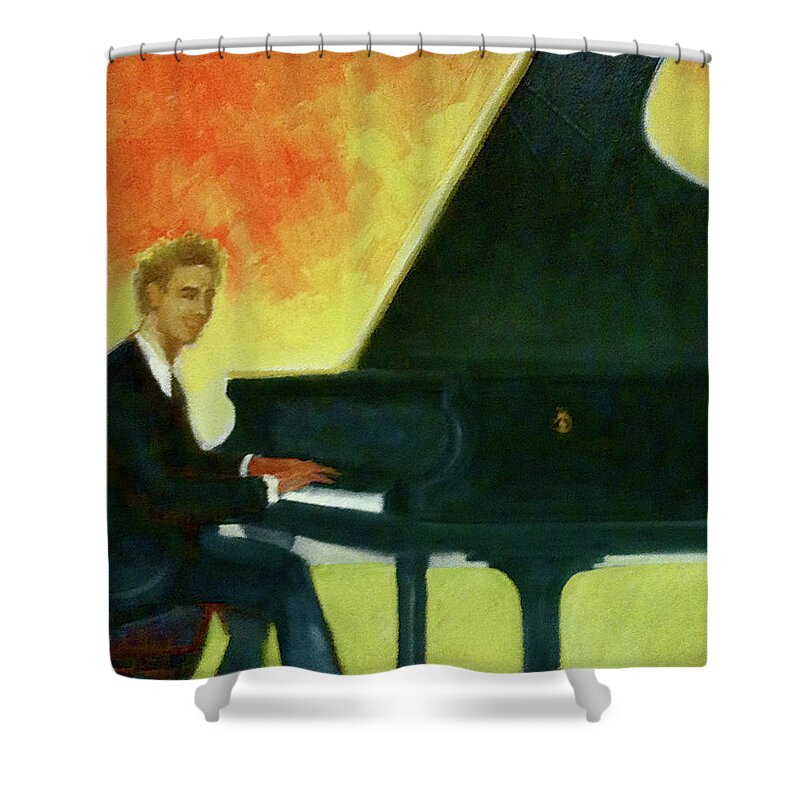 Jred Shower Curtain featuring the painting Justin Levitt red black yellow by Suzanne Giuriati Cerny