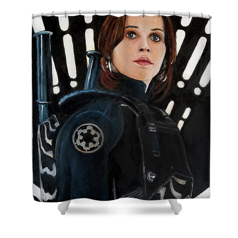 Rogue One Shower Curtain featuring the painting Jyn Erso by Tom Carlton
