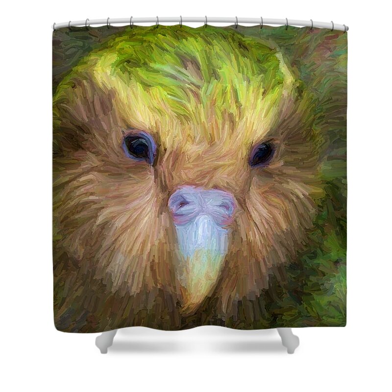 Kakapo Shower Curtain featuring the digital art Kakapo by Caito Junqueira