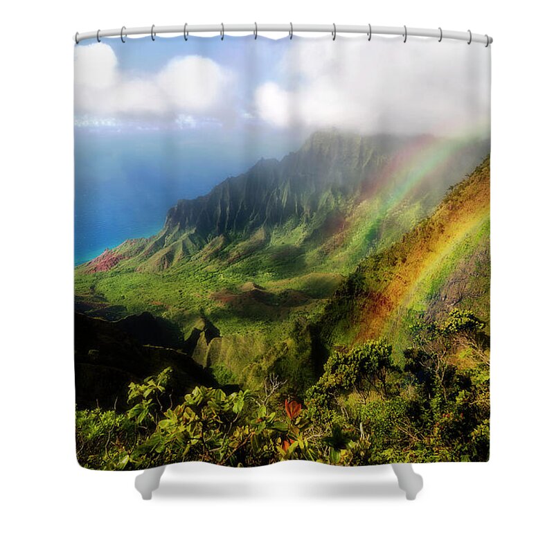 Lifeguard Shower Curtain featuring the photograph Kalalau Valley Double Rainbows Kauai, Hawaii by Lawrence Knutsson