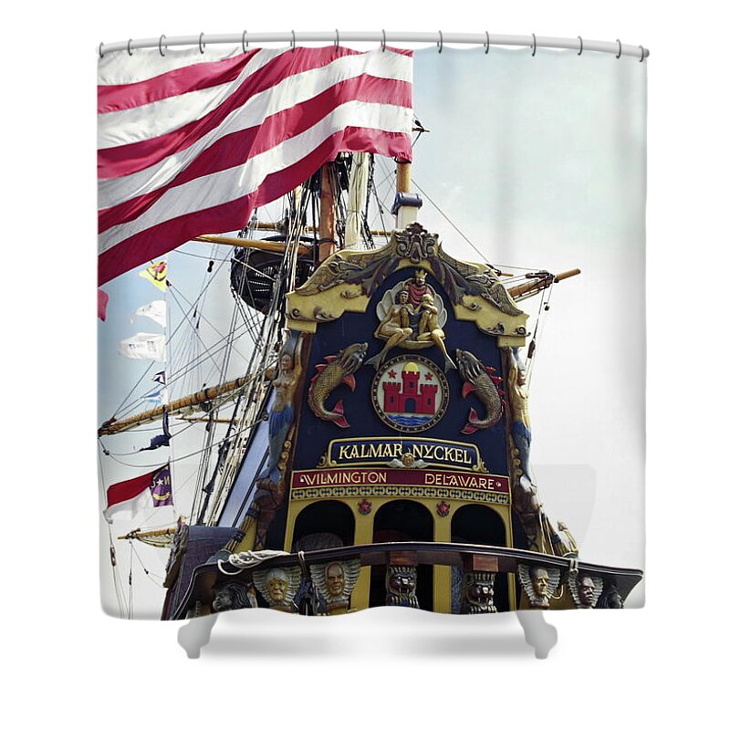 Ornate Carved Wood Stern Shower Curtain featuring the photograph Kalmar Nyckel Tall Ship by Sally Weigand