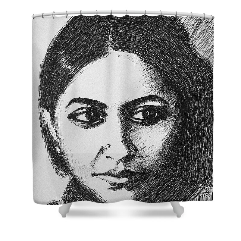 Kamala Das Shower Curtain featuring the drawing Kamala Das by Uma Krishnamoorthy
