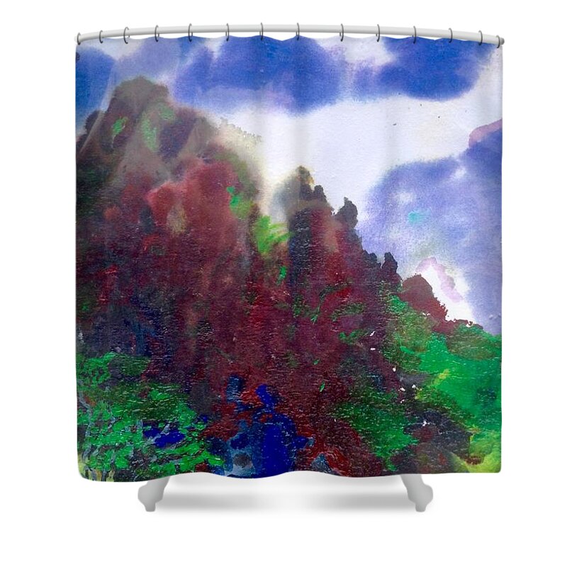 Vision Quest Hike Out To End Of The Road On Waialie Shower Curtain featuring the painting     Kane's Cave by Jeffrey Scrivo
