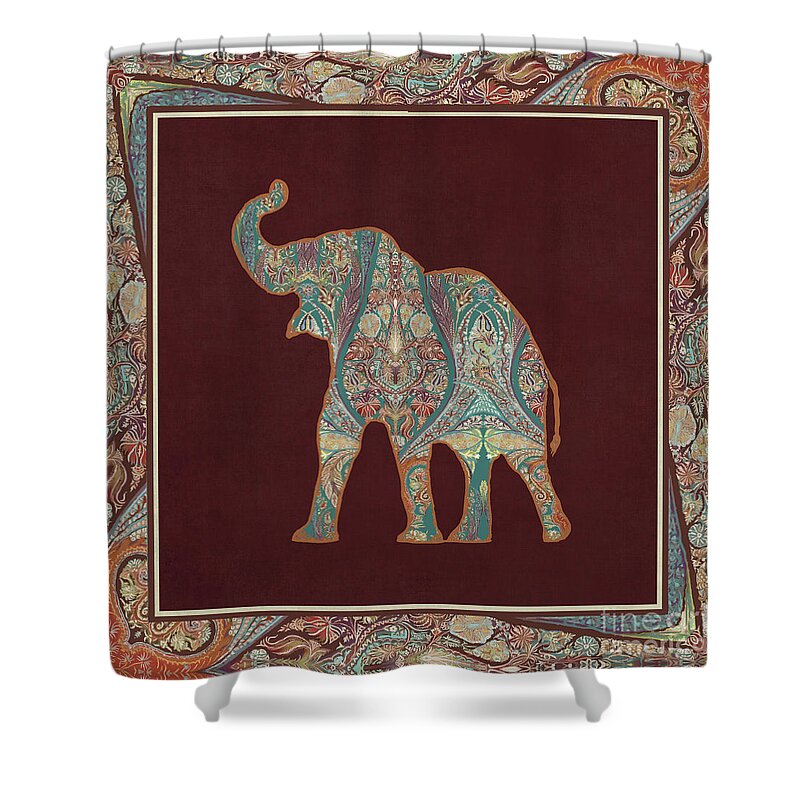 Rust Shower Curtain featuring the painting Kashmir Patterned Elephant 3 - Boho Tribal Home Decor by Audrey Jeanne Roberts