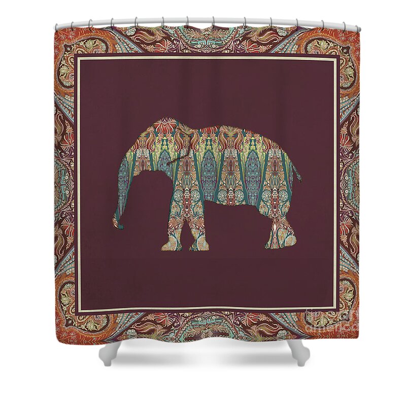 Rust Shower Curtain featuring the painting Kashmir Patterned Elephant - Boho Tribal Home Decor by Audrey Jeanne Roberts