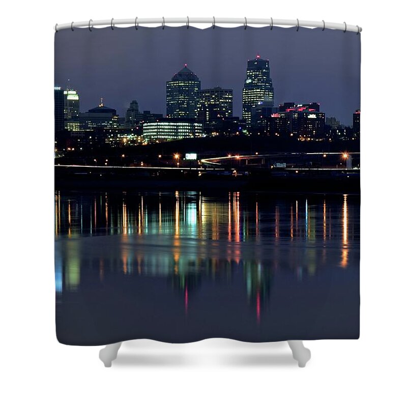 Kansas Shower Curtain featuring the photograph Kaw Point Night Lights by Frozen in Time Fine Art Photography