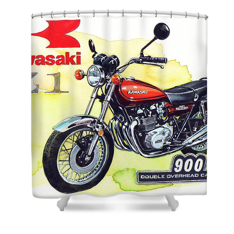 Kawasaki Z1 900 (1972) Shower Curtain featuring the painting Kawasaki Z1 by Yoshiharu Miyakawa
