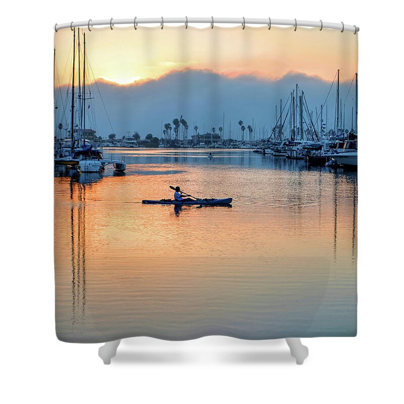 Kayak Sunset Water Boat Ventura Harbor Marina Shower Curtain featuring the photograph Kayak sunset by Wendell Ward