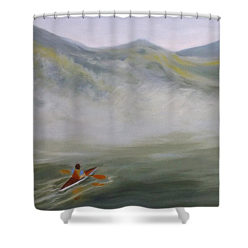 Landscape Shower Curtain featuring the painting Kayaking Through the Fog by Jo Smoley