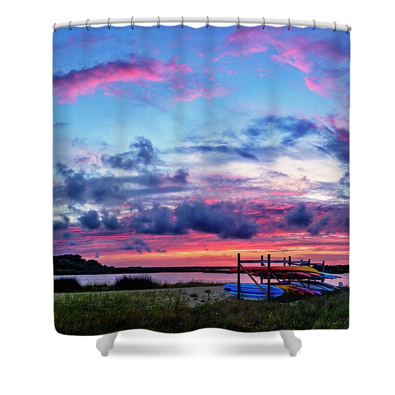 Sunset Shower Curtain featuring the photograph Kayaks by DJA Images