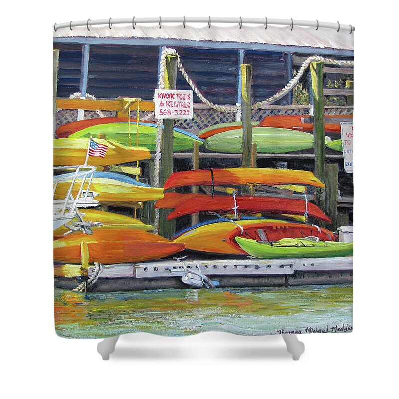 Thomas Michael Meddaugh Shower Curtain featuring the painting Kayaks Stacked on Shem Creek by Thomas Michael Meddaugh