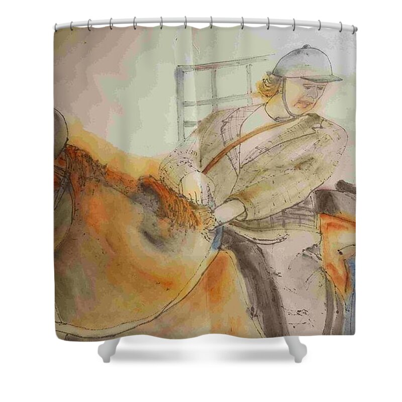 English Sitcom. Pbs. Episide With Horsebackriding Shower Curtain featuring the painting Keeping up Appearances album by Debbi Saccomanno Chan