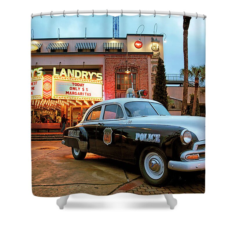 Kemah Police Car Shower Curtain featuring the photograph Kemah Police Car at the Kemah Boardwalk - Texas by Jason Politte