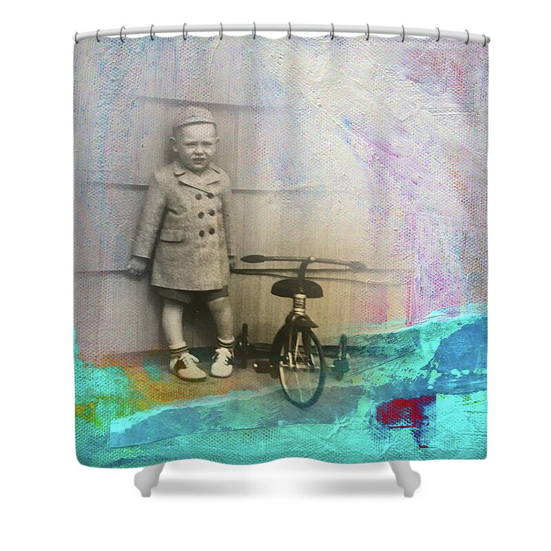 Vintage Tricycle Shower Curtain featuring the mixed media Kent Tricycle by Nancy Merkle
