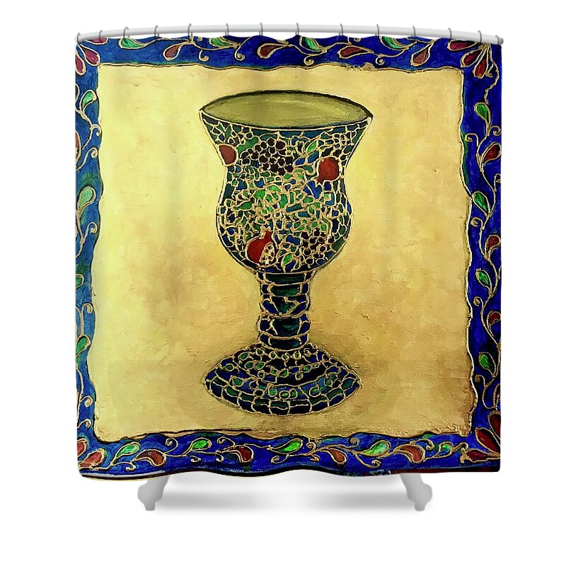 Original Painting Shower Curtain featuring the painting Kiddush Cup #3 by Rae Chichilnitsky