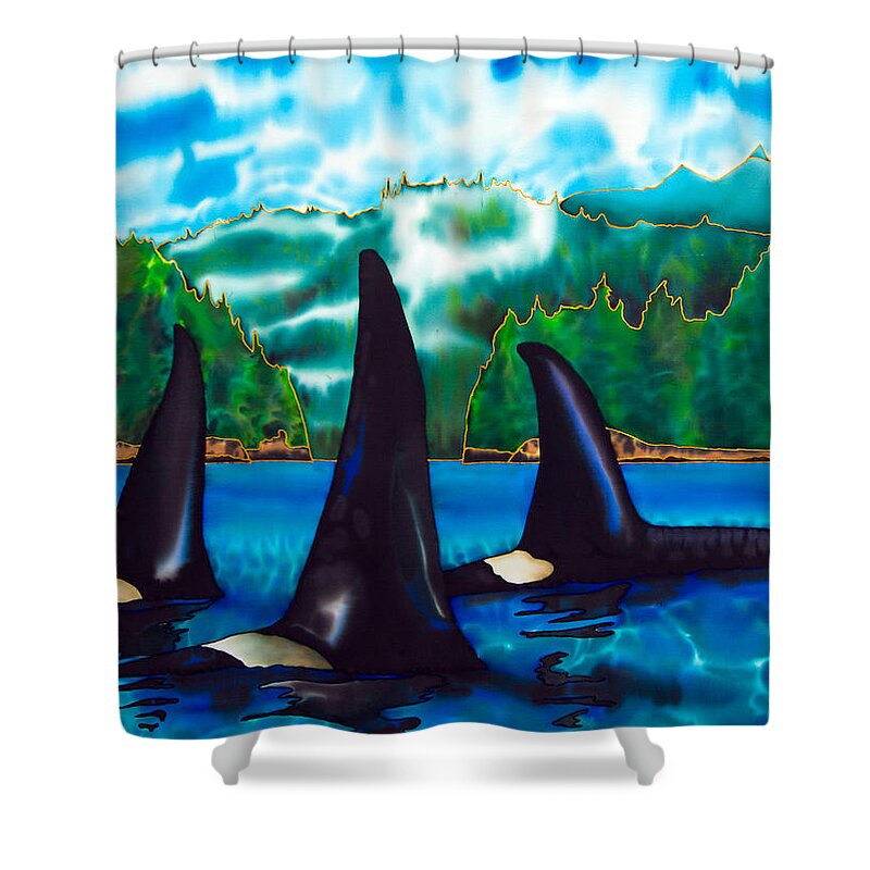  Orca Shower Curtain featuring the painting Killer Whales by Daniel Jean-Baptiste
