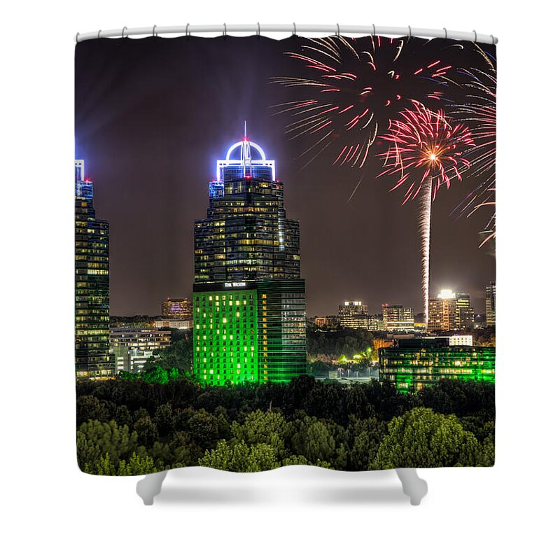 Sandy Springs Shower Curtain featuring the photograph King And Queen Buildings Fireworks by Anna Rumiantseva