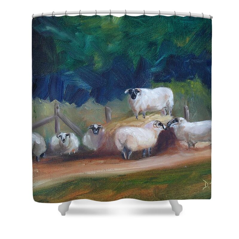 Sheep Shower Curtain featuring the painting King of Green Hill Farm by Donna Tuten