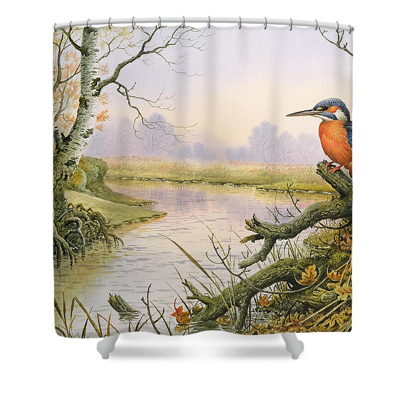 Kingfisher Shower Curtain featuring the painting Kingfisher Autumn River Scene by Carl Donner