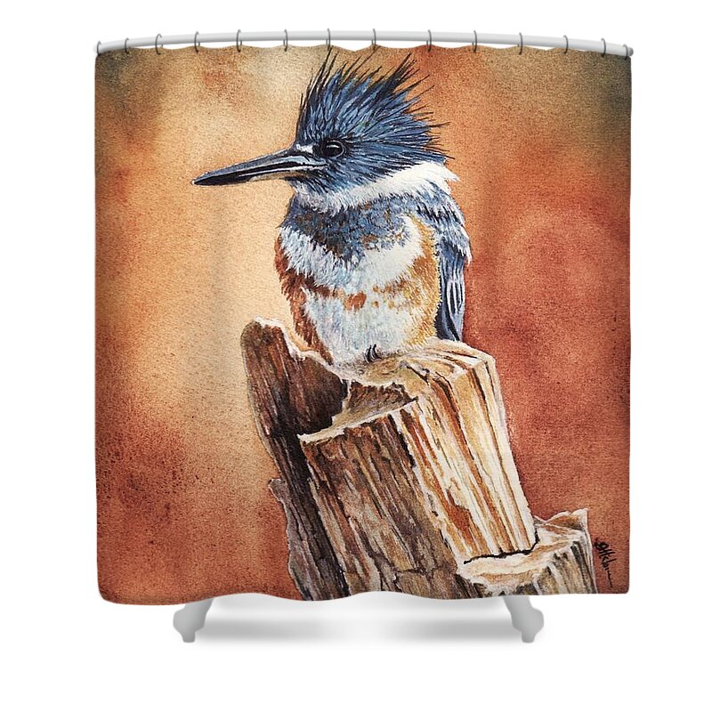 Bird Shower Curtain featuring the painting Kingfisher I by Greg and Linda Halom