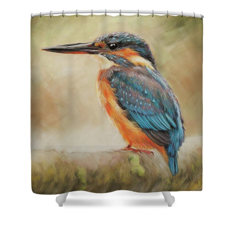 Kingfisher Shower Curtain featuring the pastel Kingfisher by Kirsty Rebecca