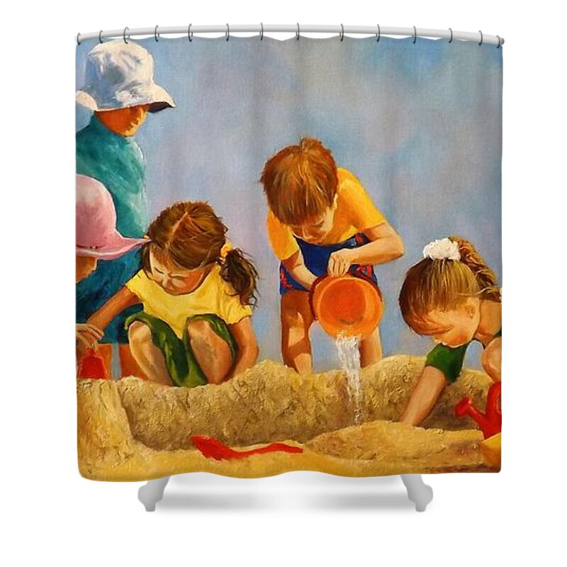 Beach Summer Sandcastles Seaside Children Shower Curtain featuring the painting Kings Queens And Castles by Barry BLAKE