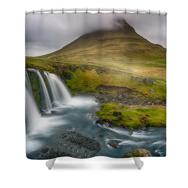 Iceland Shower Curtain featuring the photograph Kirkjufell at Midnight by Amanda Jones